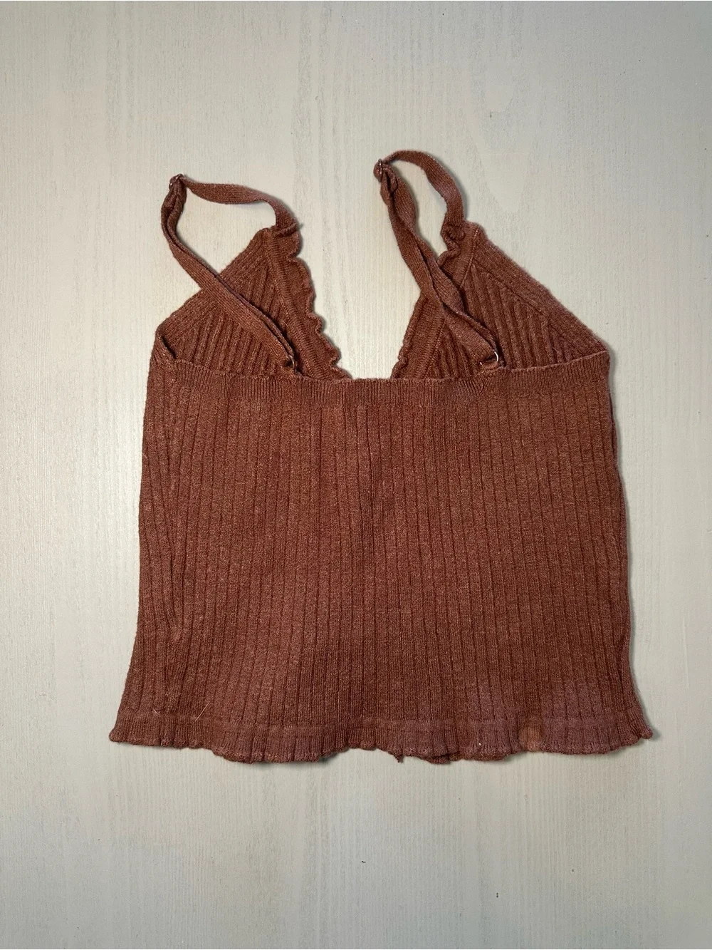 Ribbed Ruffle-Trim Button Front Tank - Rust Brown - Picture 3 of 3